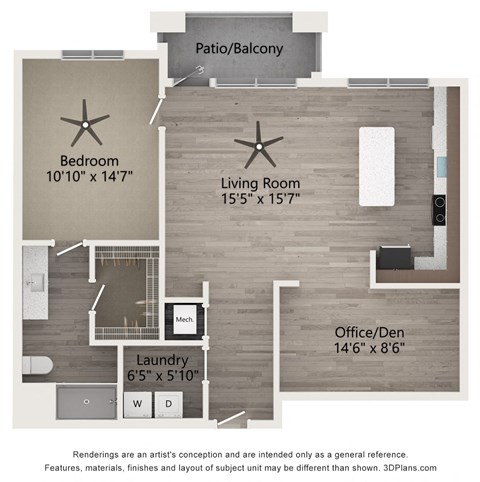 Floor plan for 1 bed, 1 bath, 1070 sqft